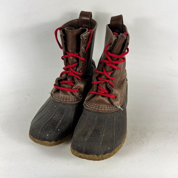 L.L.Bean Women's 7 Brown Buffalo Leather Lace-Up Mid Calf Round Toe Duck Boots - Picture 4 of 9